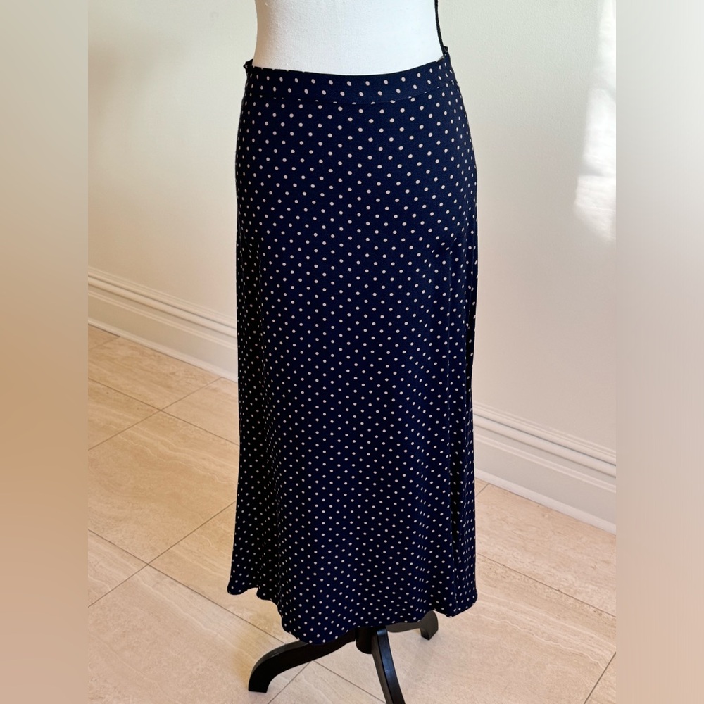 Reformation Bea Midi Skirt Size 4 Navy and Brown Polka Dot
